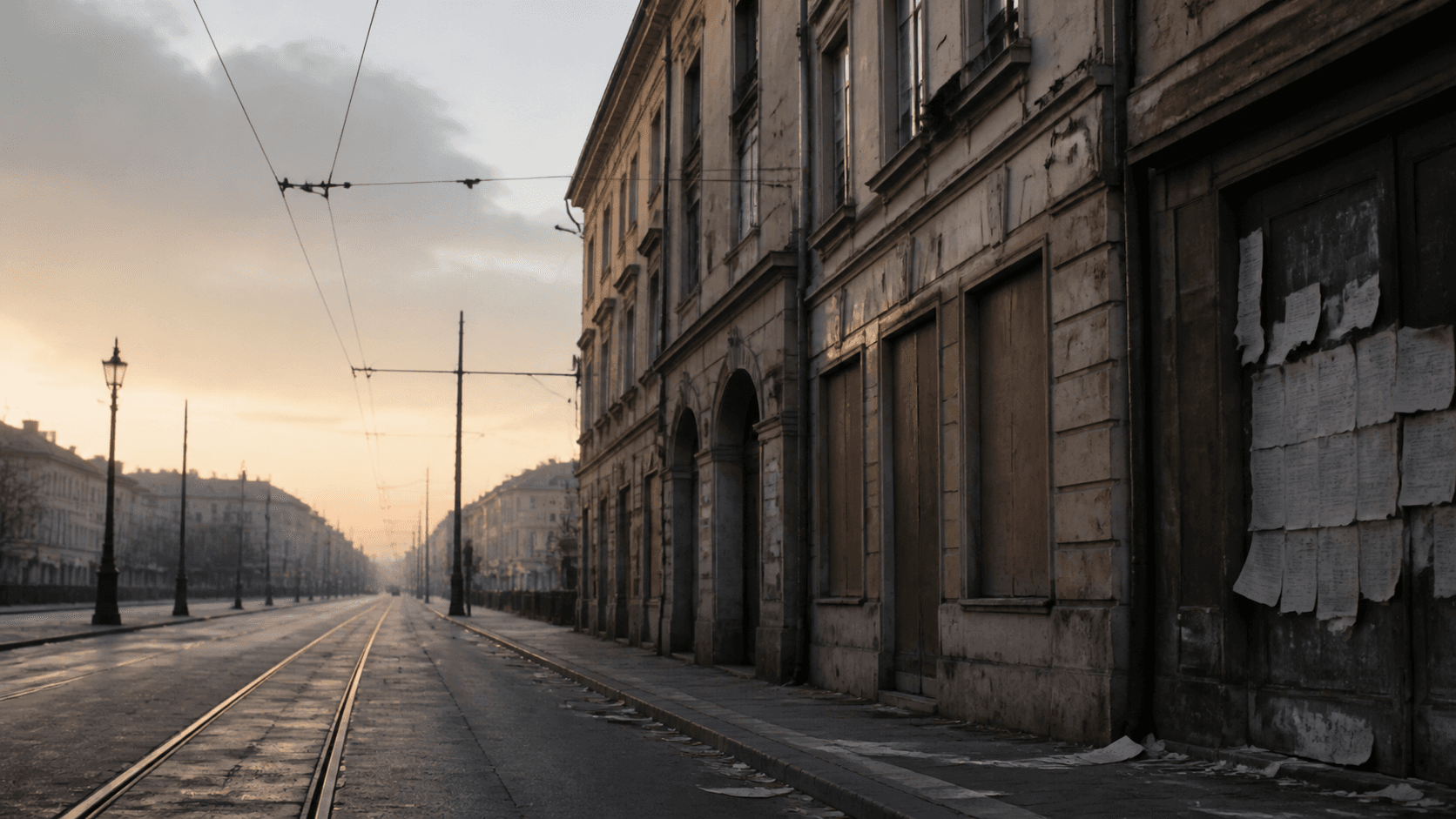 Quiet urban street at dawn used as a documentary-style visual for the cost of war